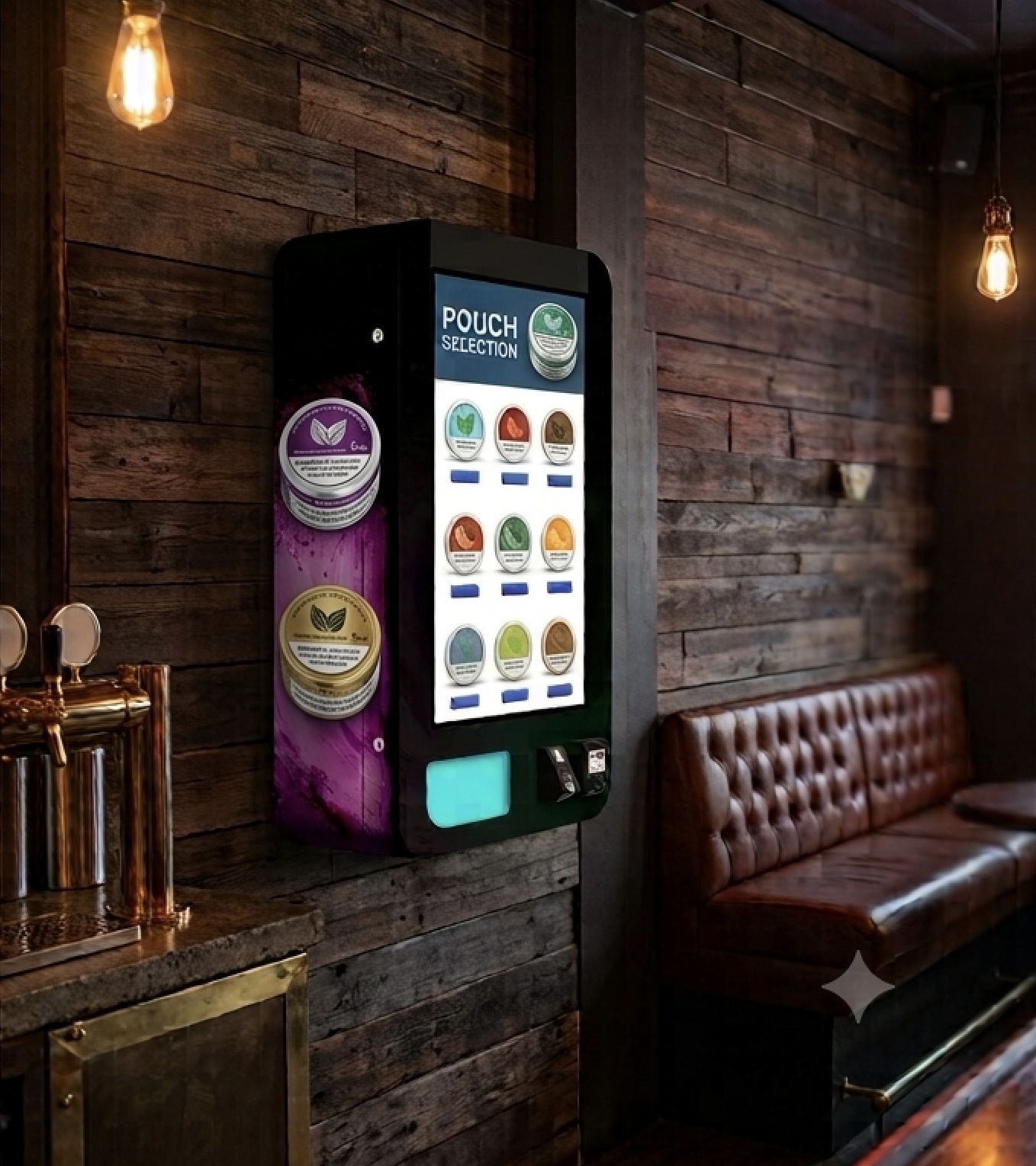 Ready Vend pouch machine mounted on a bar wall beside a leather booth