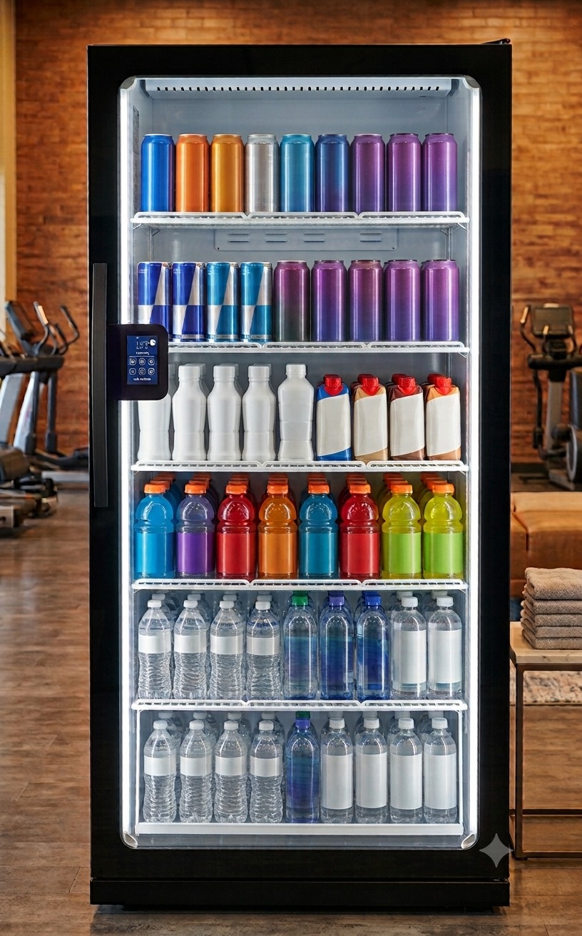 Ready Vend gym drink fridge stocked with sports drinks, water, and energy drinks