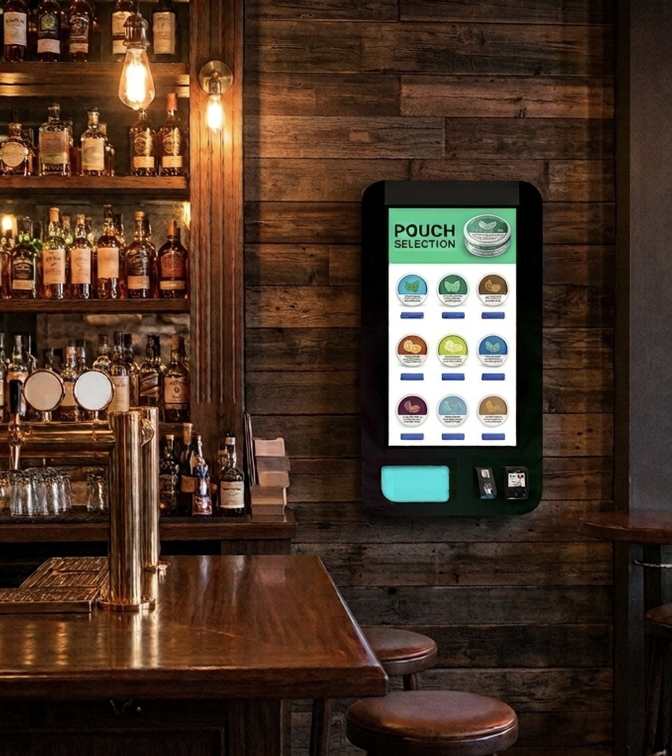 Ready Vend wall mounted pouch machine installed in a bar